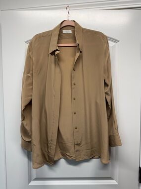 Aritzia Silk Button Up Oversized Blouse in Camel Beige